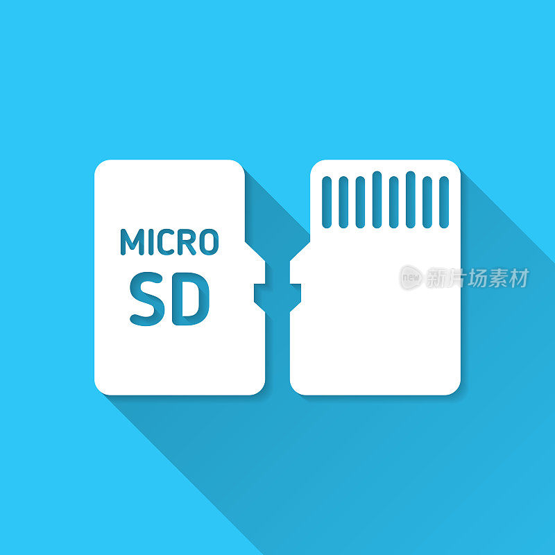 Micro SD卡-前后视图。图标在蓝色背景-平面设计与长阴影